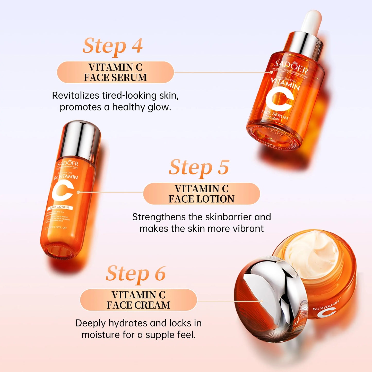 SADOER 5X Vitamin C Skin Care Set - Brightening, Anti-Aging & Hydrating Facial Kit for Glowing Skin