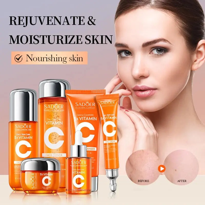 SADOER 5X Vitamin C Skin Care Set - Brightening, Anti-Aging & Hydrating Facial Kit for Glowing Skin