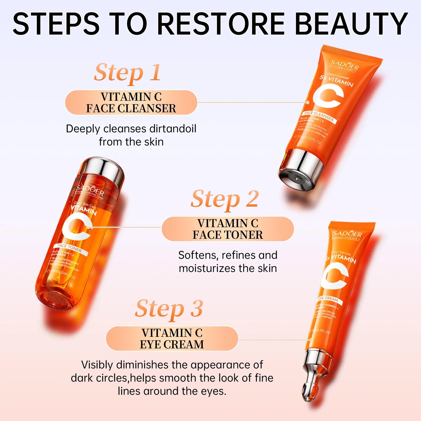 SADOER 5X Vitamin C Skin Care Set - Brightening, Anti-Aging & Hydrating Facial Kit for Glowing Skin