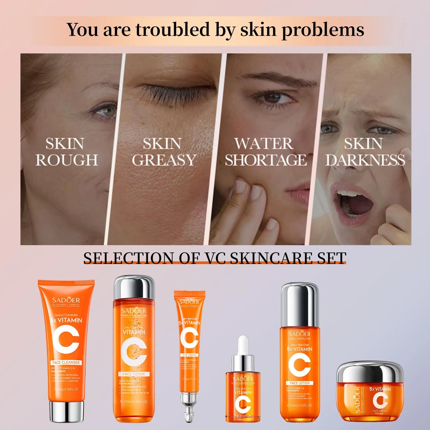 SADOER 5X Vitamin C Skin Care Set - Brightening, Anti-Aging & Hydrating Facial Kit for Glowing Skin