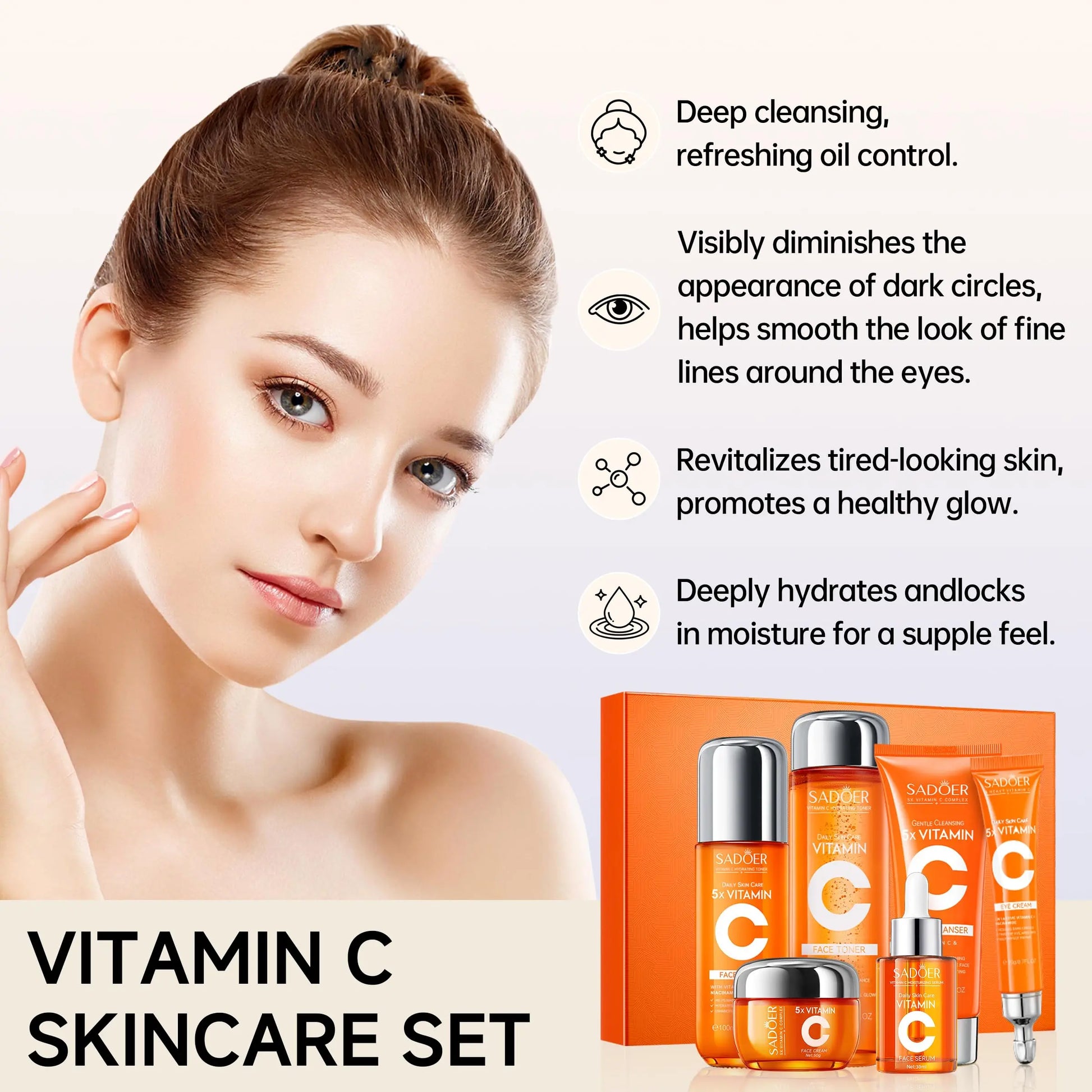 SADOER 5X Vitamin C Skin Care Set - Brightening, Anti-Aging & Hydrating Facial Kit for Glowing Skin