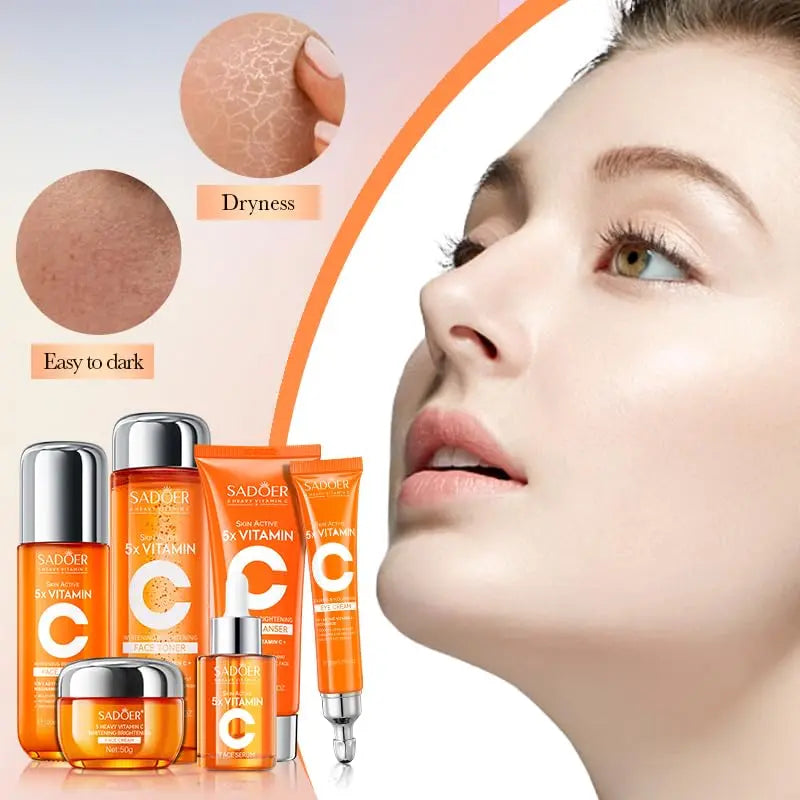 SADOER 5X Vitamin C Skin Care Set - Brightening, Anti-Aging & Hydrating Facial Kit for Glowing Skin